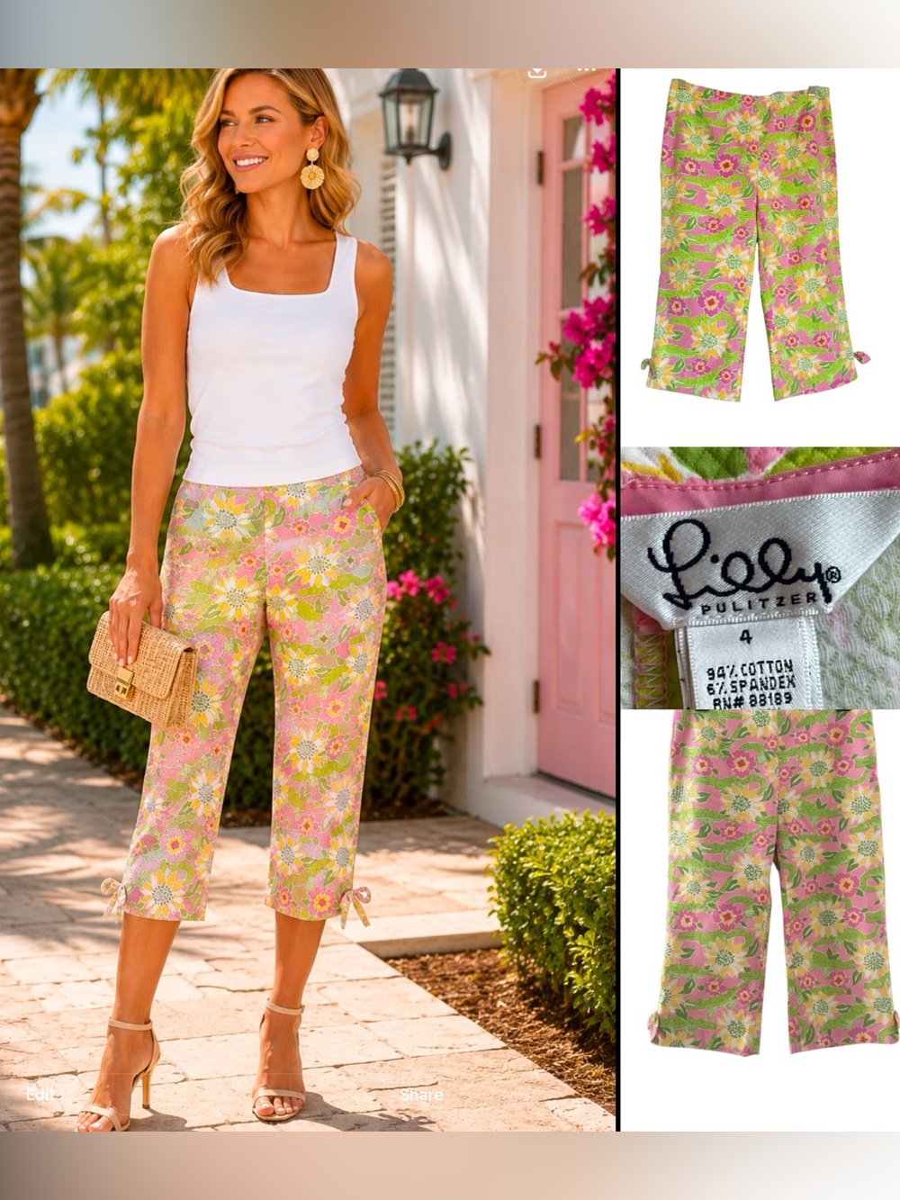 VTG  Lilly Pulitzer. "Croc Monsieur"‎ capri pants, Multi Color Cotton 4 preppy